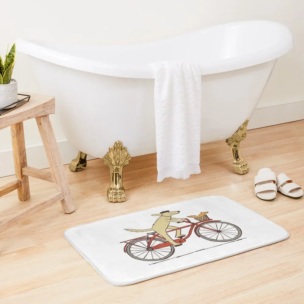 Dog and Squirrel are Friends Whimsical Animal Art Dog Riding a Bicycle Bath Mat Rugs Baths Household Items Home Entrances Mat