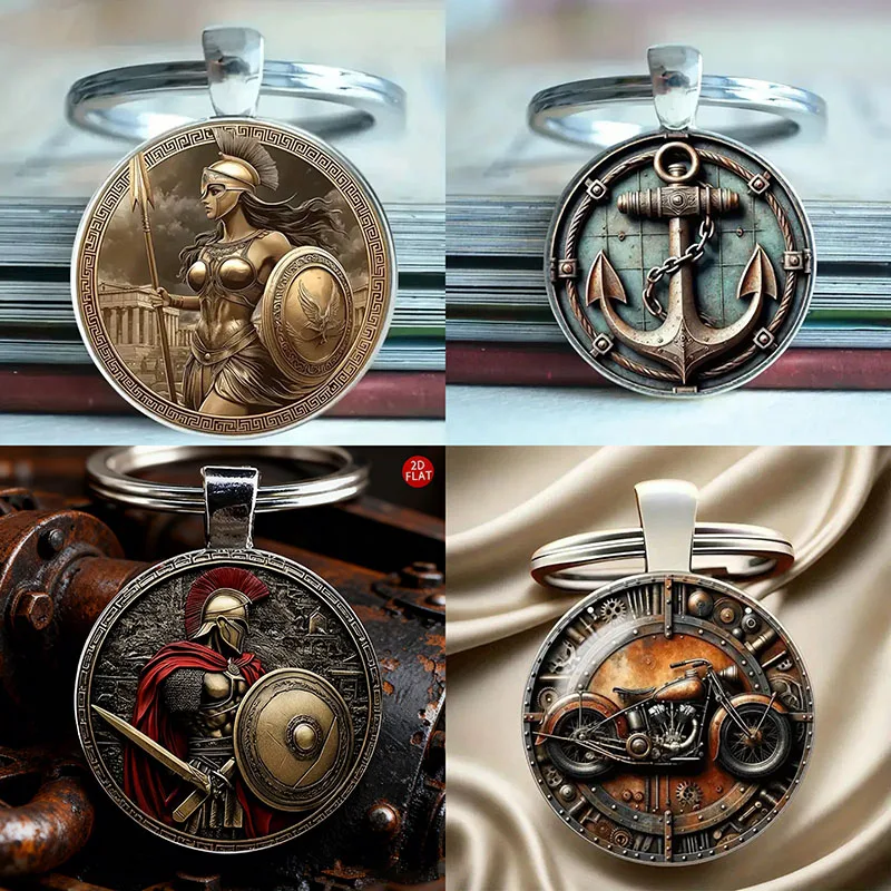 Noter novo 8 estilos único 2d chaveiro plano retro âncora cavaleiro motocicleta padrão carro mochila charme pingente decoração chaveiro