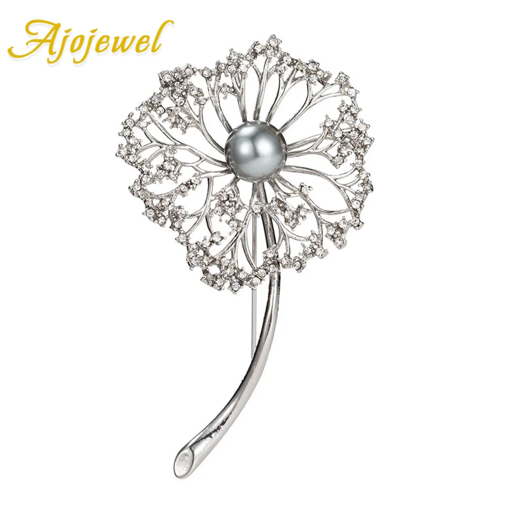 Ajojewel Silver-color Hollow CZ Dandelion Brooch 2024 Pearl Suit Pin For Cloth Vintage Style Costume Jewelry Fashion Gift Items