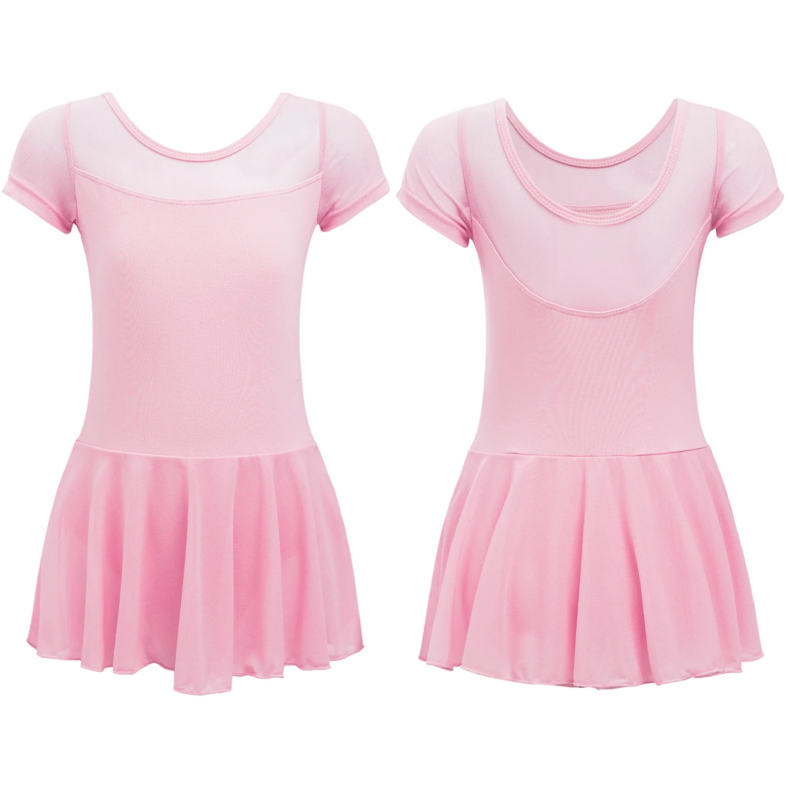 

Kids Girls Ballet Dance Dress 2023 Short Sleeve Sheer Mesh Patchwork Leotard Skirt Classic Ballerina Warm-Up Training Dresses