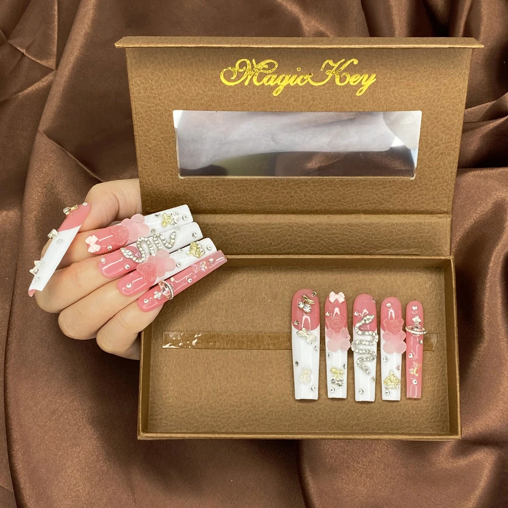 10PCS Ballerina Coffin Luxury Glossy Press On Nails Custom Design 100% Handmade Acrylic Artificial Gel 55mm Fingernails with Box