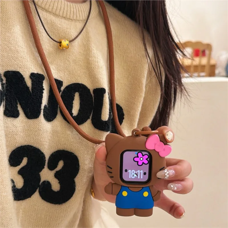 3D Cartoon Black Brown Kitty Lanyard Case For Apple Watch Sport 1/2/3/4/5/6/7/8/9st Gen S10 S11 Ultra SE 38/45/41/44/42/46/49mm view 2