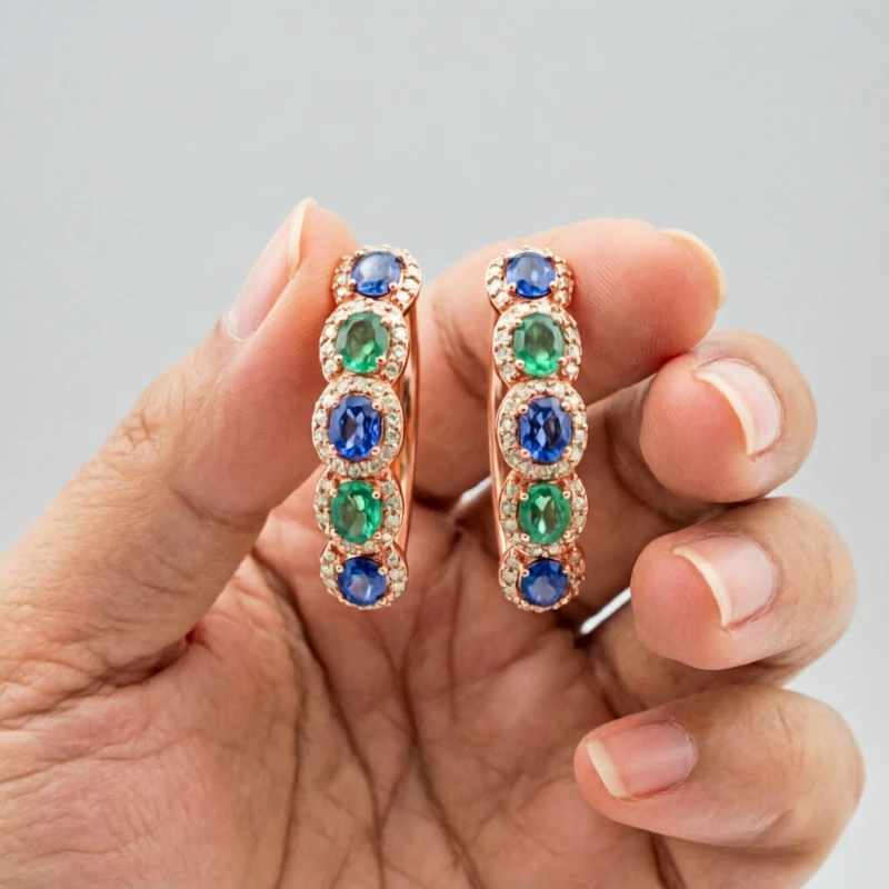 Fashion Sparkling Blue Green Synthetic Zirconia Charm Hoop Earrings for Women Vintage Elegant Banquet Festival Fine Jewelry Gift