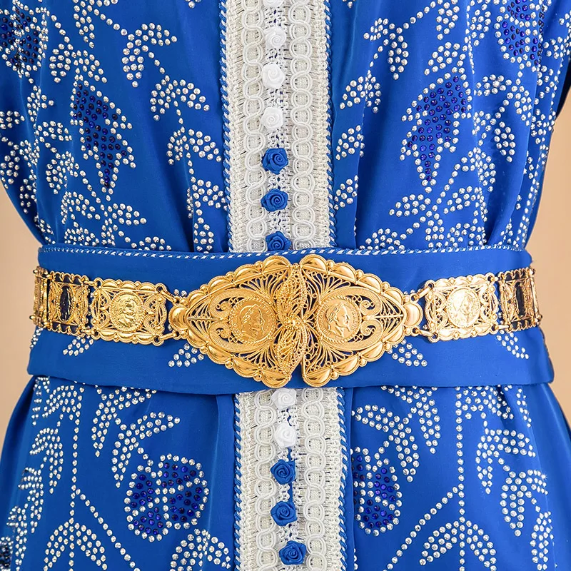

Algerian Metal Bride Gold Color Belt Coin Waist Chain Square Design Caftan Belts Arab Traditional Holiday Jewelry