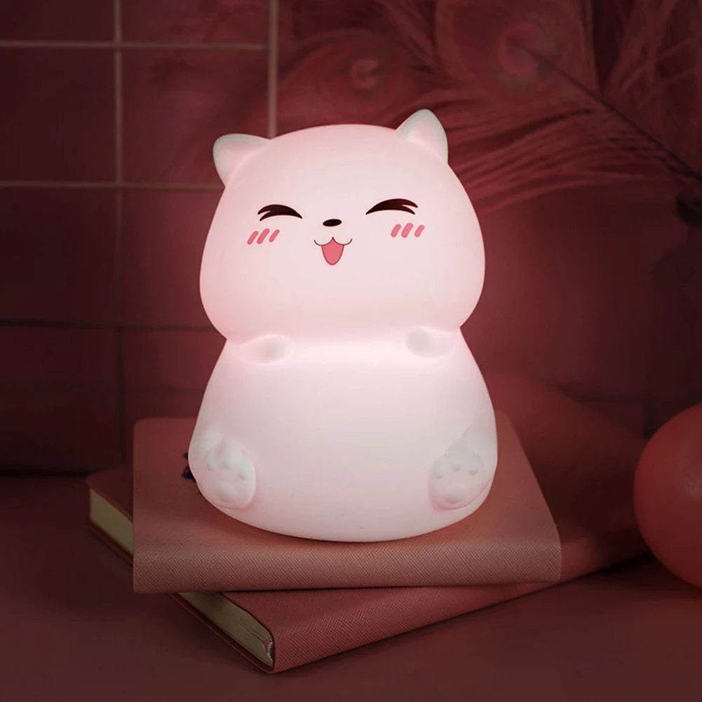 어린이용 LED 야간 조명, 부드러운 실리콘, 귀여운 고양이 테이블 램프, 다채로운 터치, 조도 조절, USB 충전식, 침실용 야간 램프