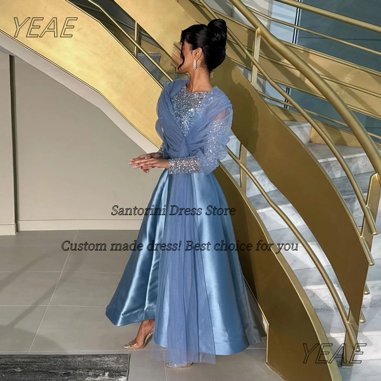 

Санторини Пром платья с блестками и бисером с длинными рукавами Вечерние платья Тюлевые шали Саудовские женщины Вечерние платья по индивидуальному заказу