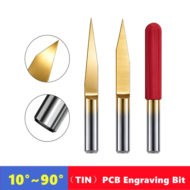 10pcs PCB Milling Cutter 10-90° V Shape Engraving Bit ，3.175mm（1/8） Shank CNC Router Bit TiN Coated Wood Cutter Carbide End Mill