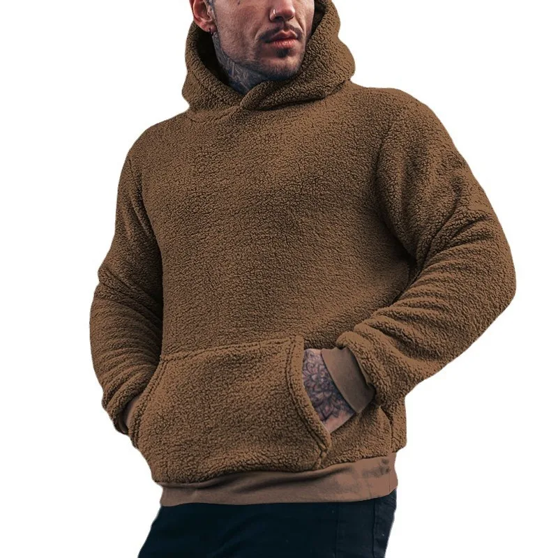 New European and American Men's Plush Sweater Pocket Hooded Sweater Fashion Explosion Solid Color Top Men