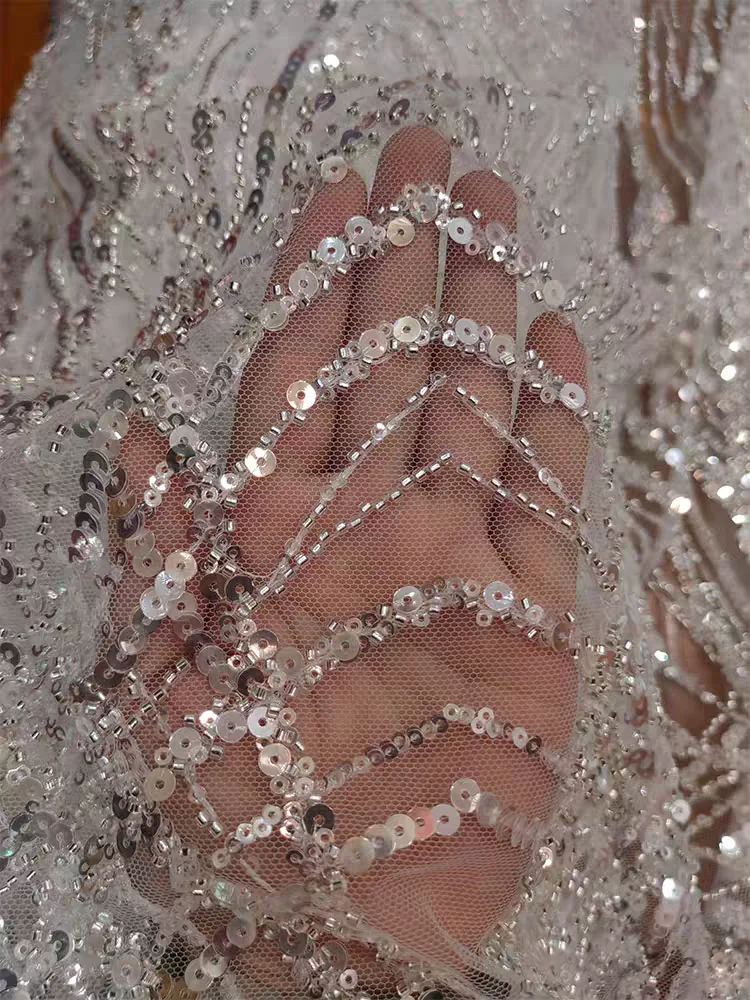 Gorgeous Intricate Line Lace Beaded Sequins Strip Lace Bridal Wedding Dress Luxury Lace Fabric
