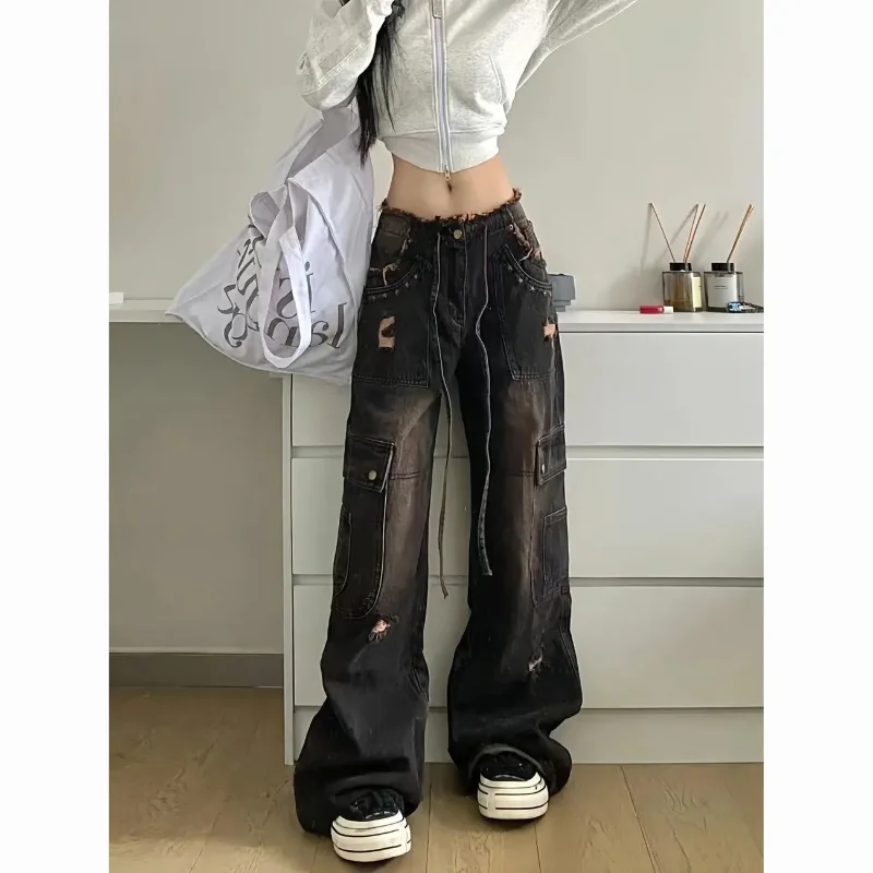 

Women's Retro Distressed Frayed Design Cargo Jeans Autumn Winter New Style Drawstring Ripped Floor Length Pants