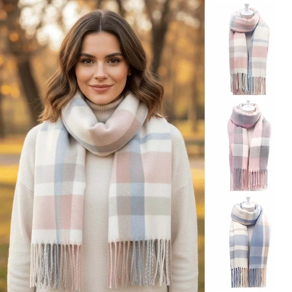 

Soft Classic Plaid Scarf Contrast Color Korean Style Knitted Wool Scarf Cold-proof Polyester Long Neckscarf with Tassel Women