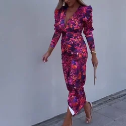 Vintage Women Floral Print Long Pencil Dress Sexy Deep V-Neck Pleated Dresses Full Sleeve High Waist Bodycon Dresses Clubwear