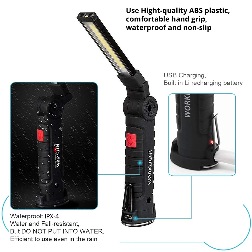 Rechargeable LED Work Light Flashlight with Magnet and Hook IPX-4 Waterproof 5 Lighting Modes Suitable for Night Work, Etc.