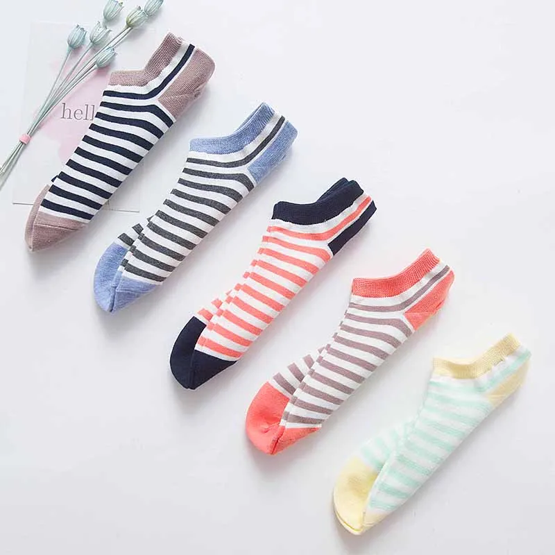 5 Pairs Spring Summer Women Socks Solid Colors Stripe Breathable Cotton Short Socks Female Funny School Girls Casual Ankle Socks