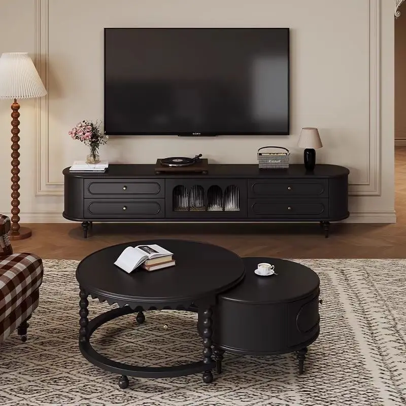 

French solid wood TV cabinet, living room household cream wind TV cabinet, locker integrated American retro white