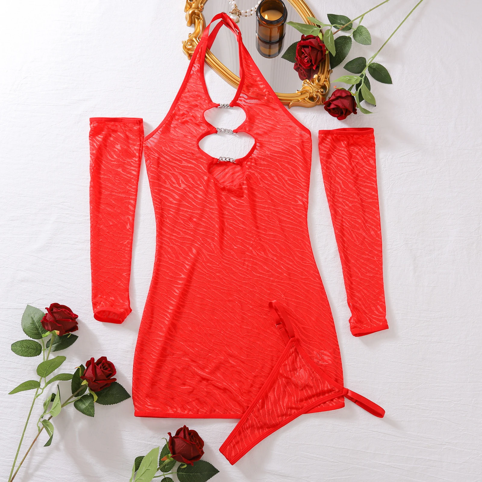 Conjunto de 3 piezas para mujer, minivestido ajustado con cuello Halter y cadena de Metal transparente, Tanga y par de mangas