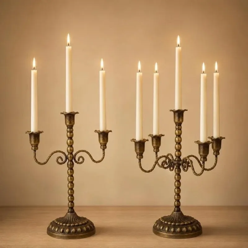 American Vintage Bronze Metal Candelabra, Beaded Pillar Multi-Arm Candle Holder for Fireplace & Entryway Table Decor