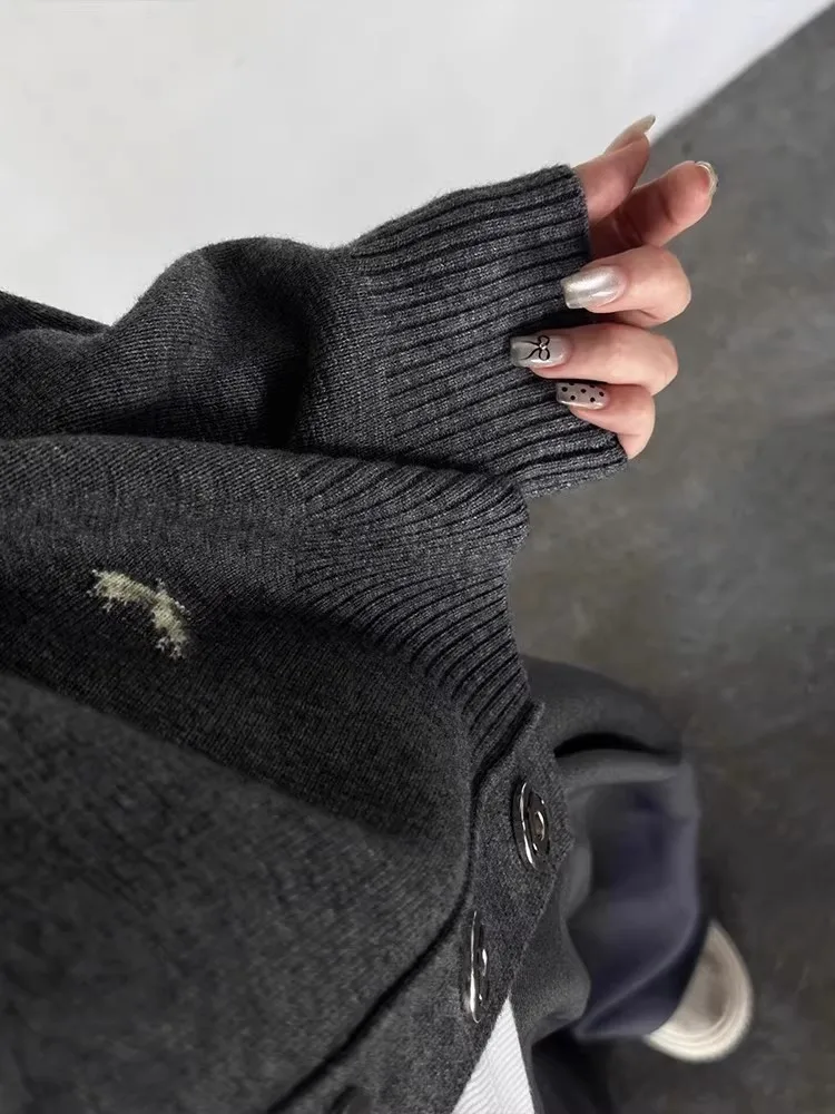 Cardigan en cachemire pur gris 100% de haute qualité pour femme, court, ample, décontracté, Joker, pull tricoté, manteau d'automne et d'hiver