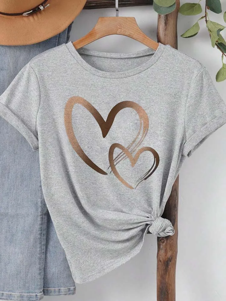 Summer New Fashion Women's Heart Printed T-shirt Trendy Casual Round Neck Top Short Sleeves Women T-shirt Women Clothing image 3