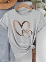 Été nouvelle mode femmes coeur imprimé T-shirt à la mode décontracté col rond haut manches courtes femmes T-shirt femmes vêtements 3