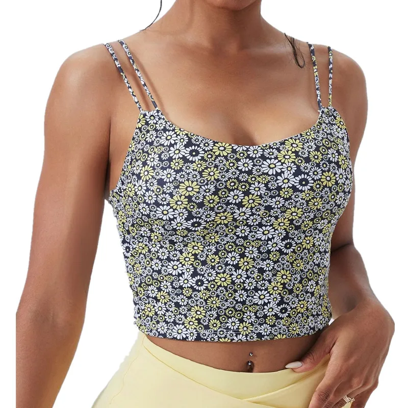 

Summer Colorful Print Yoga Vest Women Shoulder Straps Fitness Sports Vest With Padded Outdoor Gym Training Tops Sexy U Collar