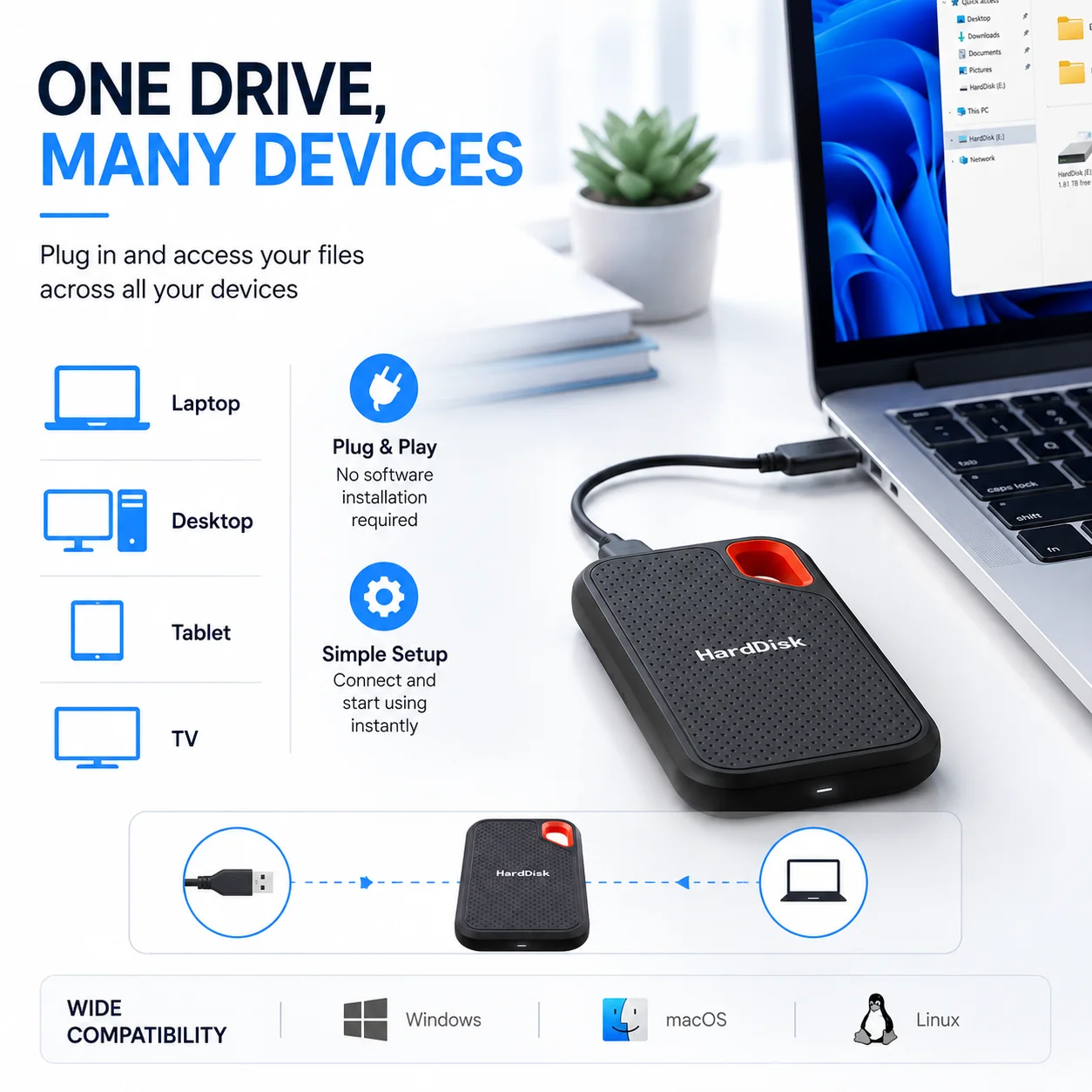 Handy Portable External Hard Drive 1TB 2TB External Hard Disk Data Storage Device For Laptop Desktop Smartphone