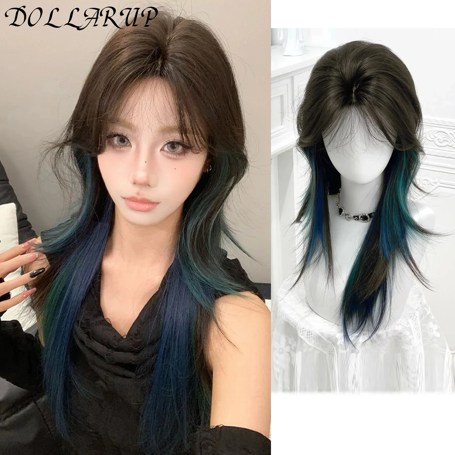 

JKL Синий Черный Цвет Красивый Синтетический Парик С Челкой Средний Натуральный Волнистый Парик Волос для Мужчин или Женщин Косплей Термостойкий