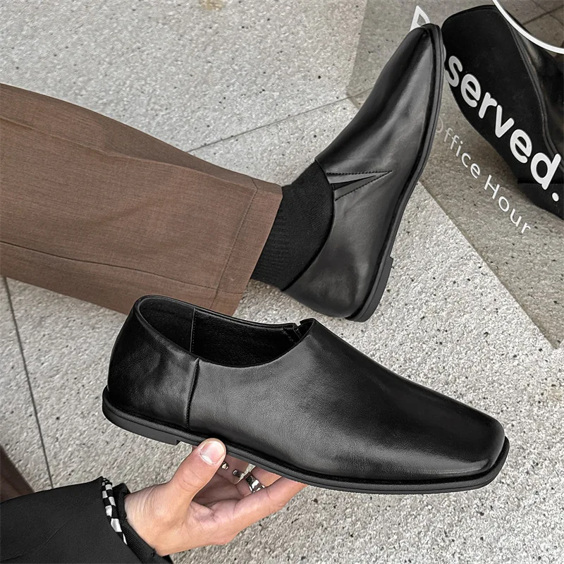 Leather Casual Shoes Spring New Square-Toe Slip-On Flat Heels Ventilate Single ShoesRetro Black Unisex Couple Loafers 38-46 Size
