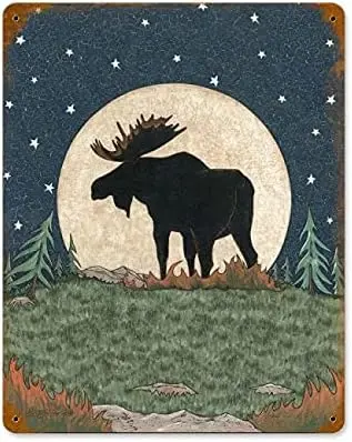 Y1,QISPIOD Moose Moon Metal Art Sign Vintage Style Home Cabin Lodge Funny Tin Coffee Bar Wall Decor