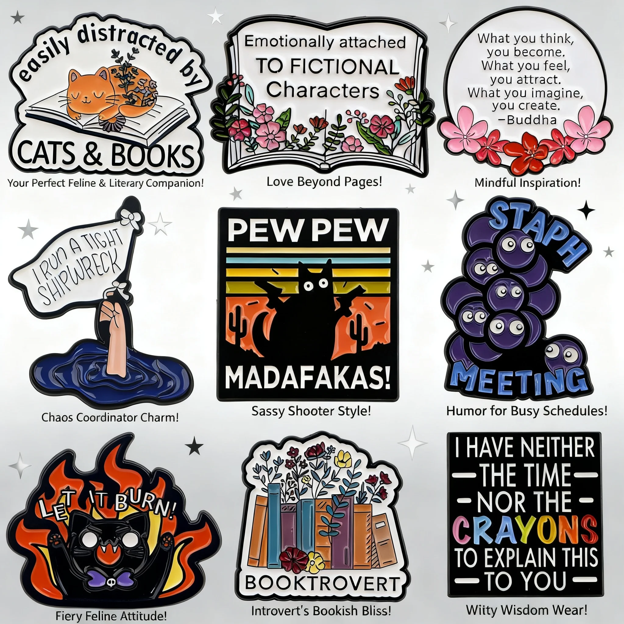 Black Cat Enamel Pin Cute Brooch Lapel Pins Fashion Jewelry Accessories for Backpack Books Cosplay Toys Gift with Quotes and