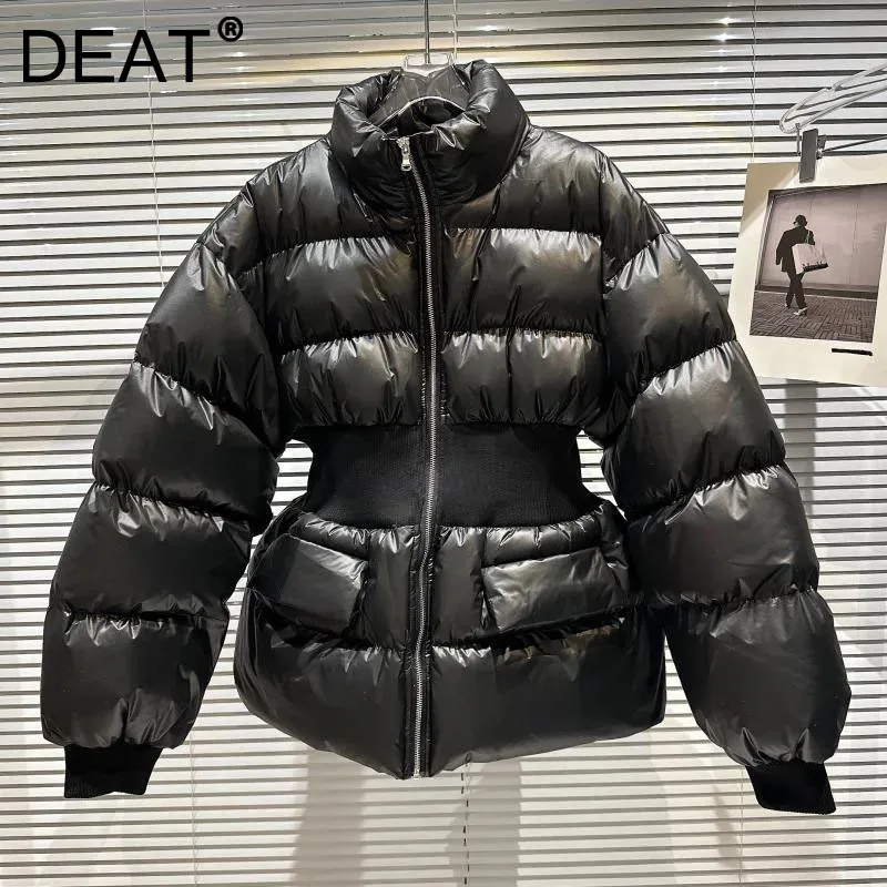 DEAT 2024 Winter New Item Niche Stand Up Collar Threaded Waist Cotton-padded Coat For Women Fashion Zipper Warm Jacket 11A01249