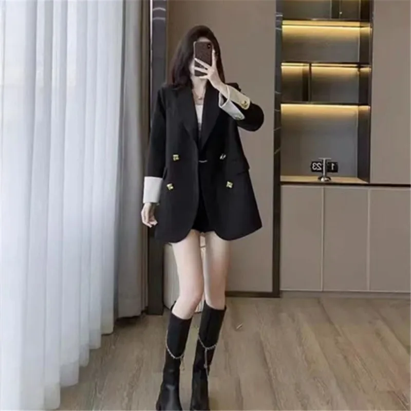 Korean Women\'s Blazer 2024 Spring Autumn New Double Breasted Color Matching Suit Coat Fashion Loose Long Sleeve Female Jacket