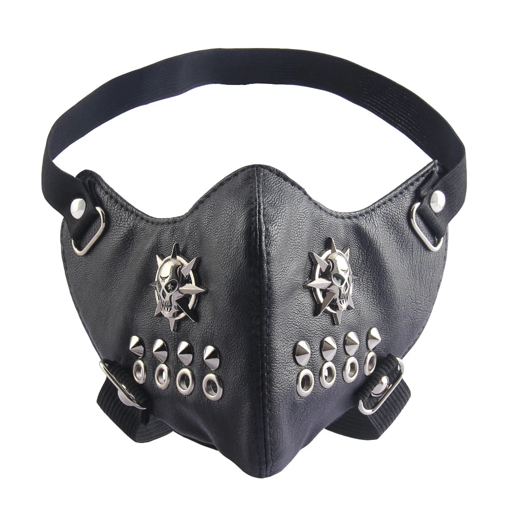 ผู้ชายผู้หญิงสีดํา PU หนัง Skull Rivet Punk Rock หน้ากาก Lady's Breathable Party คอสเพลย์ฮาโลวีนปาก-muffle R3365