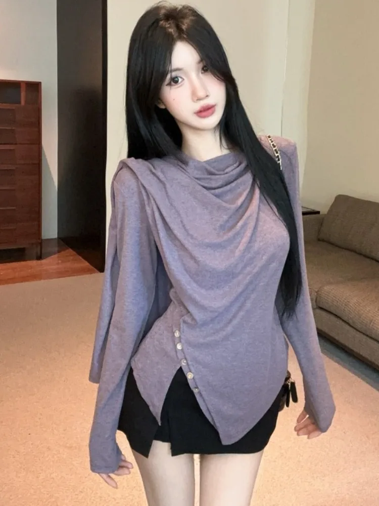 

Korean Style Long Sleeve Knitted Sweater Beautiful Asymmetrical Shoulder Leather Half Skirt Fashionable Two-Piece Set Necktie