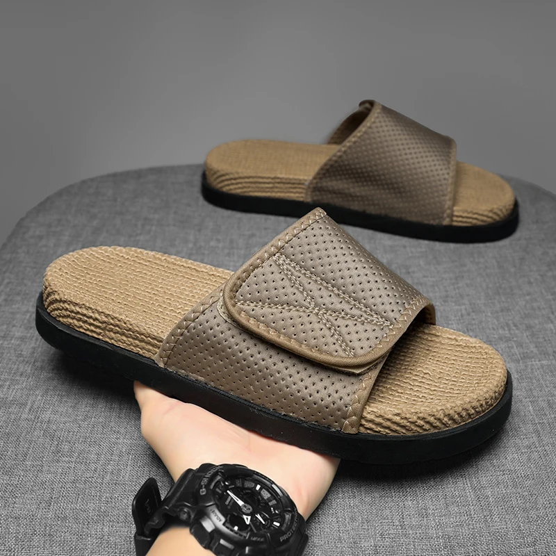 Men's Summer Indoor Home Grass Woven Casual Slippers Anti-Slip Outdoor Wear Comfortable Bottom Flat Sandals Fashionable Youth...