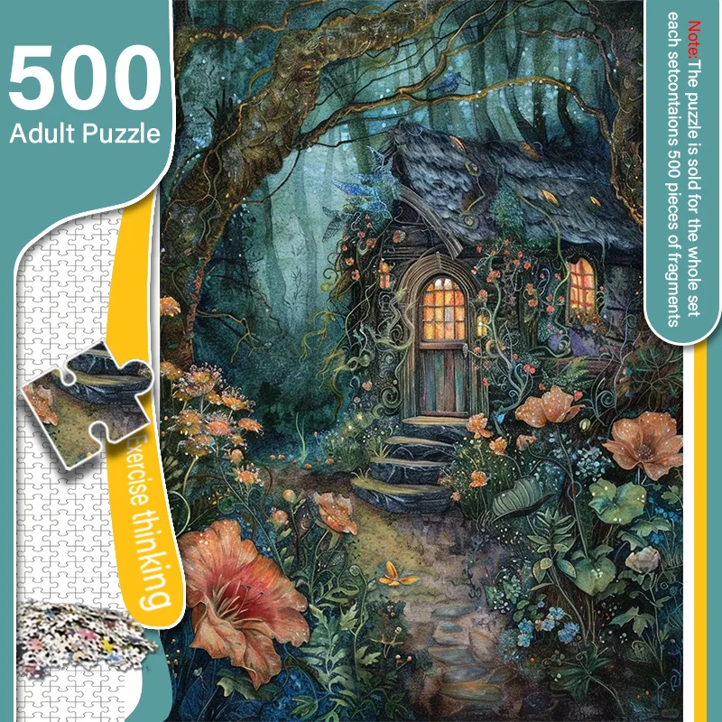 A Box of 500pcs Adult Mini Puzzle with Fantasy Forest Cabin Design - Scratch-Resistant, High Difficulty Level for Grown Ups, F
