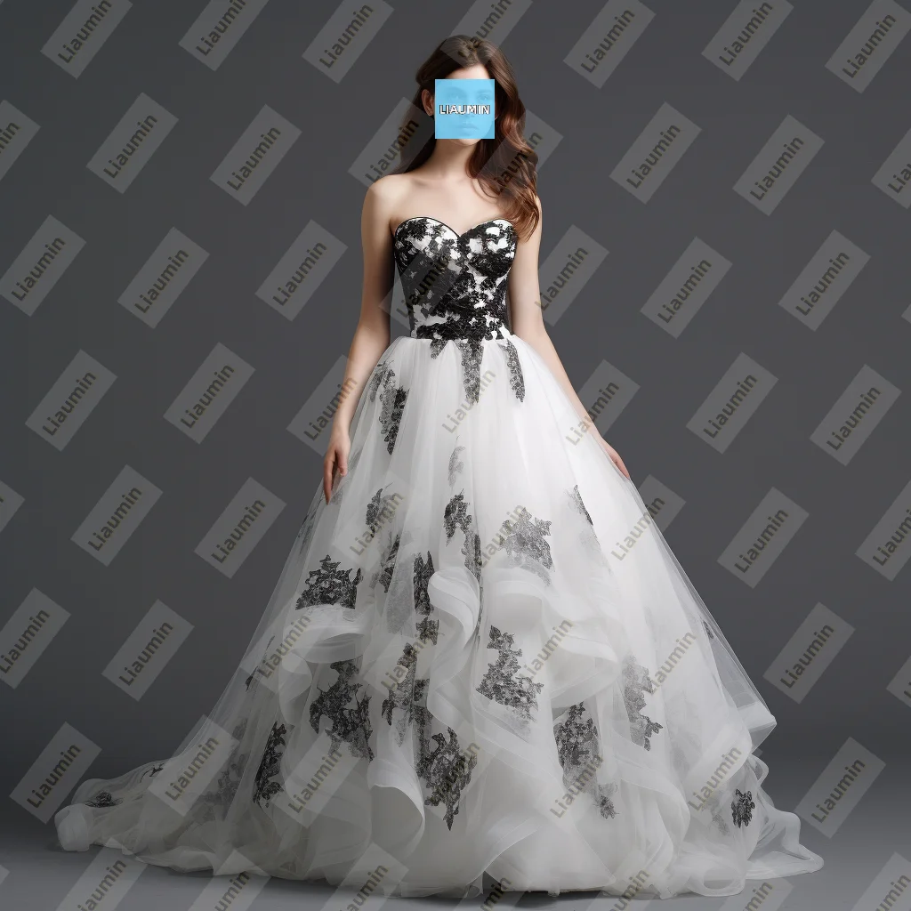 

Classic A Line White Tulle Black Lace Applique Strapless Prom Formal Wedding Dresses Evening Lace-Up Back Customized Made A8.1.2