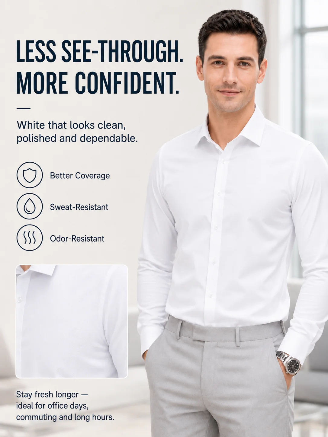 Mens Non-Iron Stretch Dress Shirt Long Sleeve Wrinkle-Free Business Casual Office Shirt Breathable Easy Care Formal Workwear Top - view 3