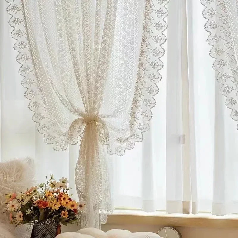 

Floral Pattern Ruffles Sheer Lacework Curtains for Living Room Tulle for Windows Drapes Door Luxury French Romantic White Star