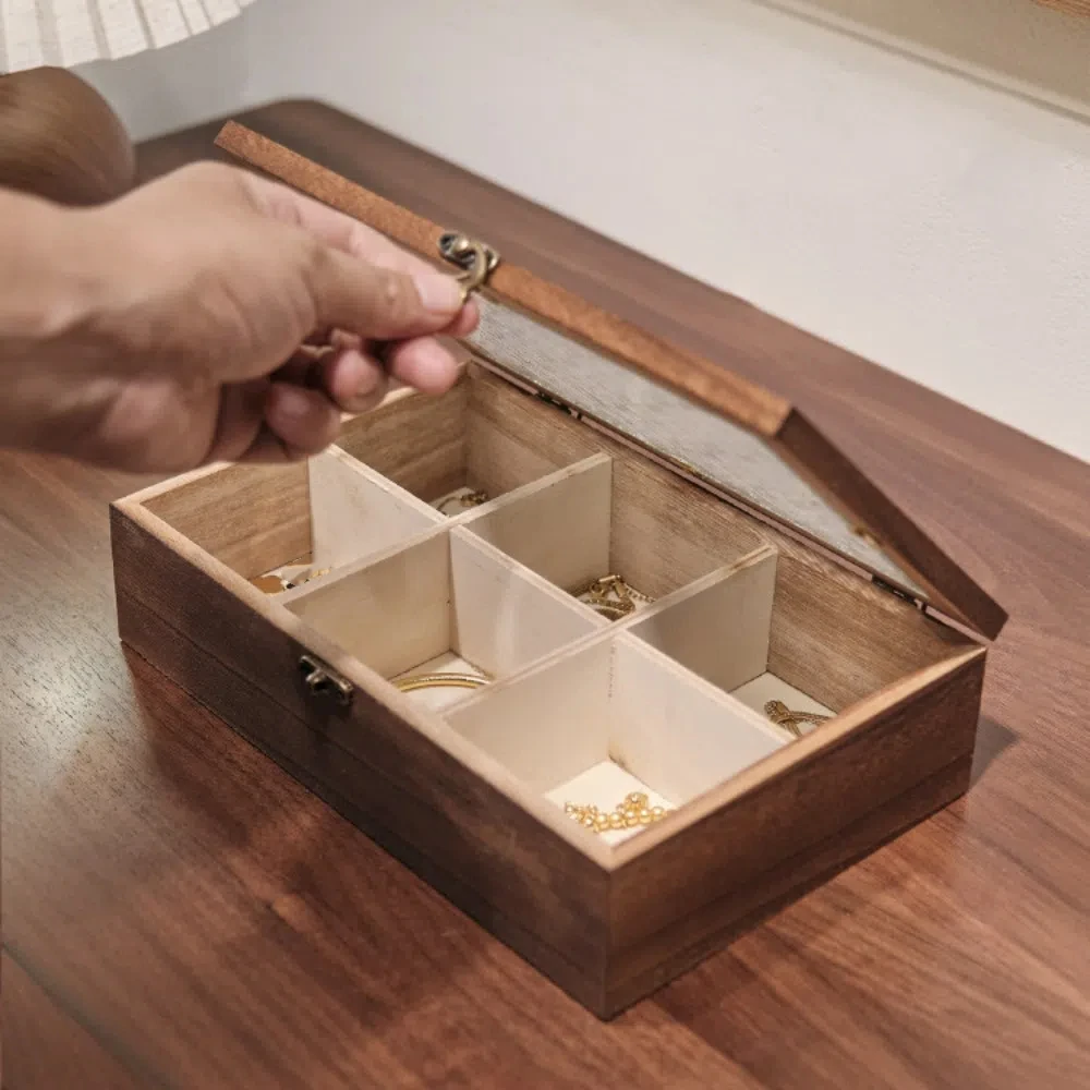 

Vintage Wooden Jewelry Storage Box Decorative Crabapple Flower Glass Cover Jewelry Box Flip Cover Desktop Sorting