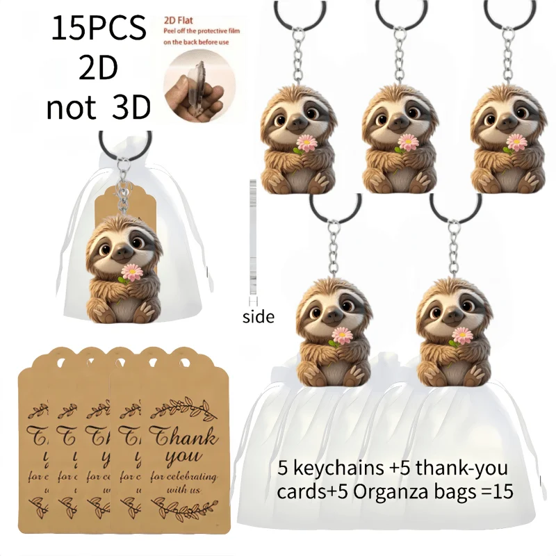 5sets Cute Sloth Keychain Including Acrylic Pendant & Thank You Cards & Gift Organza Bags For Women Men Holiday Promotional Gift