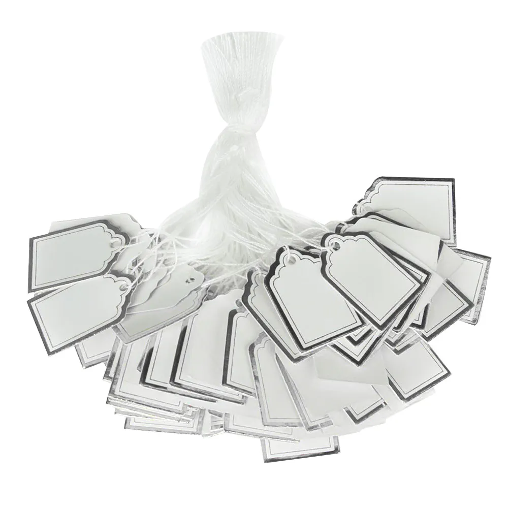 500Pcs Jewelry Price Tag Pack Silver White Rectangular Paperboard Tags 0.63x1inch Gold Foil Finish with String for Bracelet