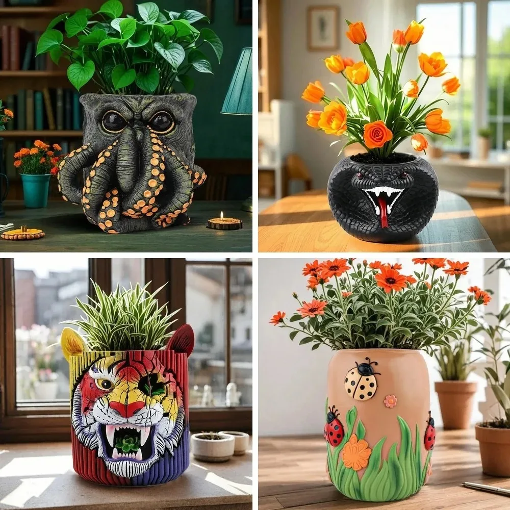 Creative Resin Flower Pot - Tiger Snake Seven Star Ladybug Octopus Planting Container Home Decorative Animal Shaped Planter