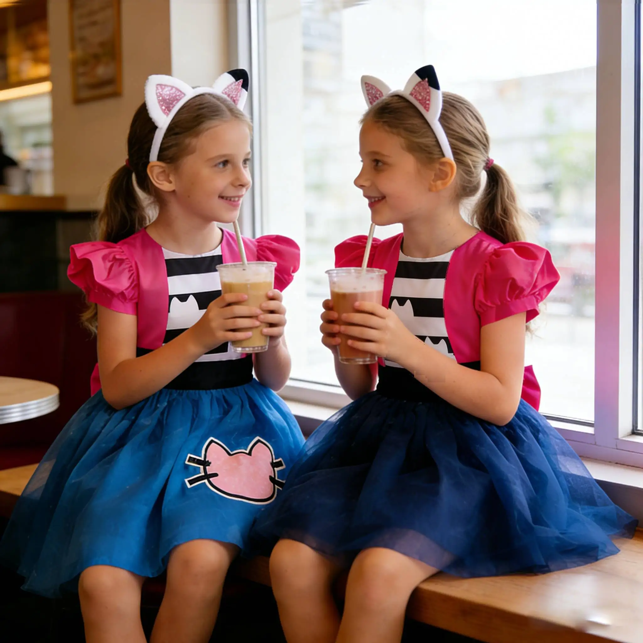 Kleines Mädchenkleid mit Cartoon-Katzenmotiv, Karnevalskostüm, Schwester-Outfits, Geburtstagsparty, Prinzessinnenkleid, Kinder-Performancekleid