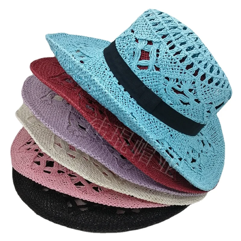 2024 Western Crochet Cowboy Straw Hats for Women Men Solid Color Wide Brim Beach Sun Hat Handmade Hollow Out Cowgirl Cap