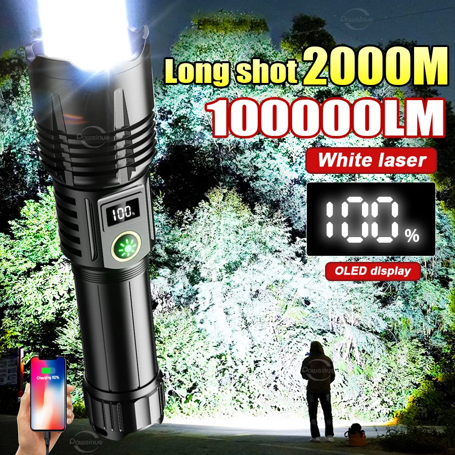 High Power LED Flashlight White Laser Ultra Bright Long Range Lantern Outdoor Tactical Flashlight Waterproof Camping Torch