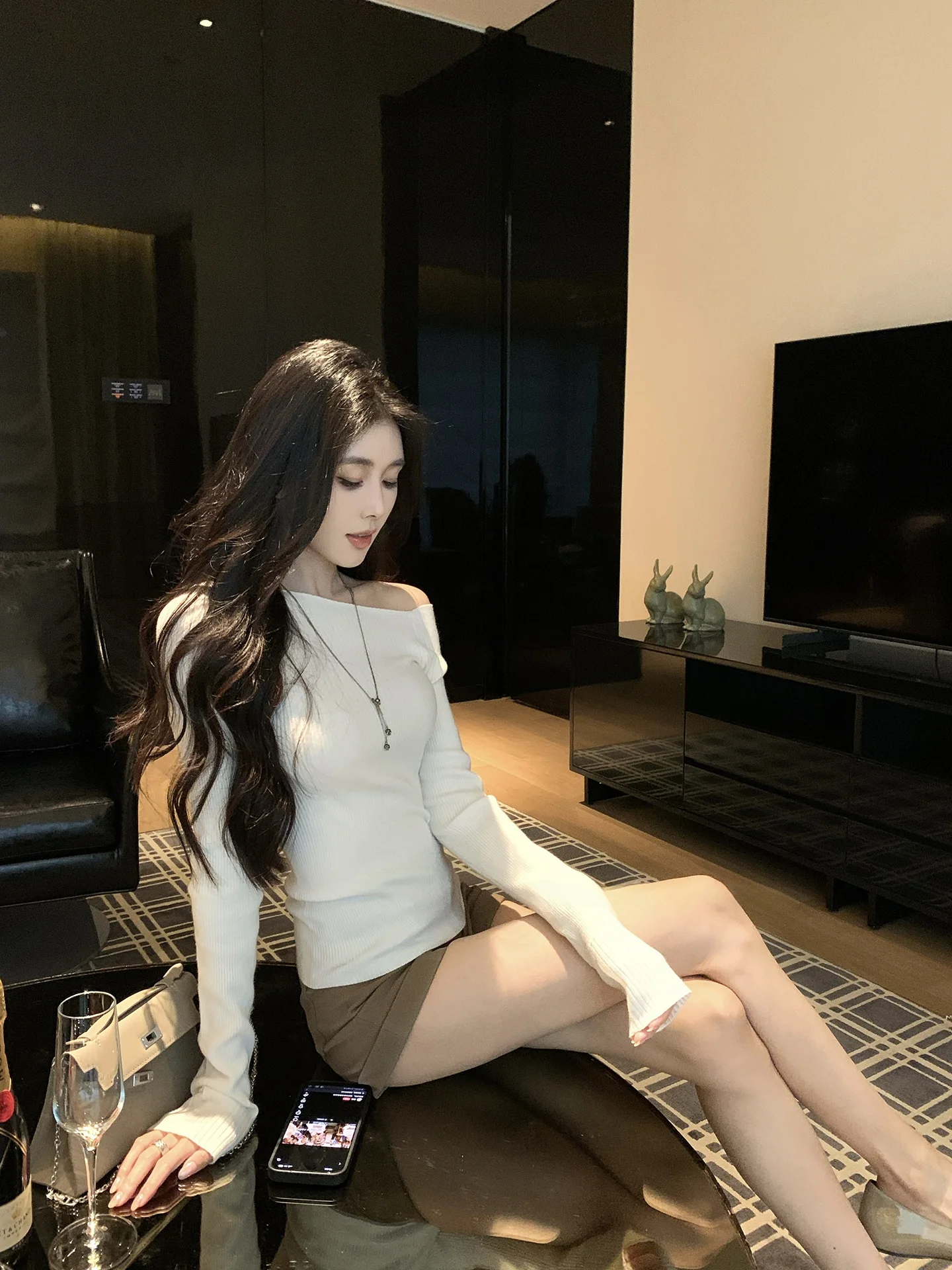 

He Chenxi Wool Slim Fit Long Sve Knitted Sweater Spring 2026 oulder Design Ladies Faion Casual Wear