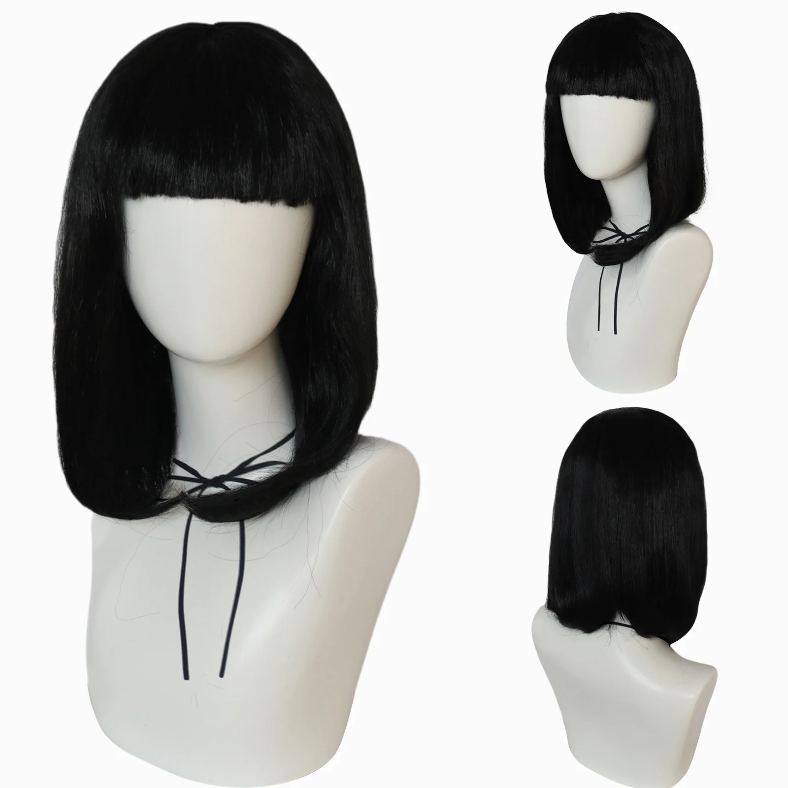 12 Inch Short Black Bob Wig with Bangs for Women Natural Looking Classic Fashion Synthetic Wig for Girls Daily Party