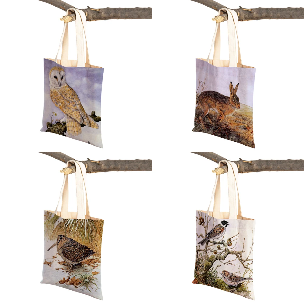 Watercolor Women Shopping Bag Fox Bird Squirrel Print Both Sided Reusable Canvas Cartoon Animal Casual Tote Shoulder Handbag