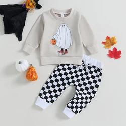 2023-06-12 Lioraitiin 0-3Years Toddler Boy Girl 2Pcs Halloween Outfits Long Sleeve Cartoon Sweatshirt Checkerboard Pants Set